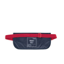 Load image into Gallery viewer, Back view of the navy blue and red money belt.