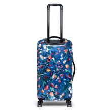 Load image into Gallery viewer, Back panel view of the Royal Hoffman suitcase. The telescopic handle is extended.