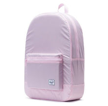 Load image into Gallery viewer, Angled front view of the Pink Crosshatch packable Daypack.