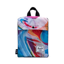 Load image into Gallery viewer, Front view of the Paint Pour Multi daypack folded into its pouch.