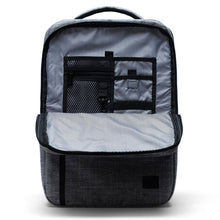Load image into Gallery viewer, Raven Crosshatch backpack with the front compartment unzipped. It features organization pockets.