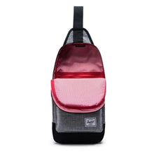 Load image into Gallery viewer, Front interior view of the raven crosshatch backpack.