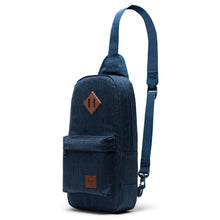 Load image into Gallery viewer, Angled front view of the Indigo Crosshatch crossbody bag.