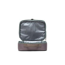 Load image into Gallery viewer, The lunch bag laid on its back with the main compartment unzipped.