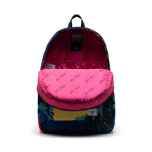 Load image into Gallery viewer, Front panel view of the Andy Warhol Flowers Settlement backpack with the main compartment unzipped. It features a laptop pocket.