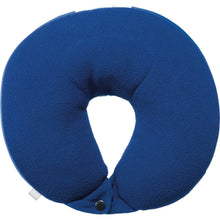 Load image into Gallery viewer, Front view of the blue neck pillow with the snap button closing the ends together.
