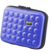 Load image into Gallery viewer, A blue hard-shell case with a pattern of lifted dots on the front and back panels. The Dot Drops logo is at the front in a small rectangular badge.