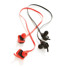 Load image into Gallery viewer, A pair of wireless sport headphones, one in red, another in black.