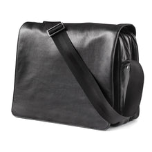 Load image into Gallery viewer, Angled front view of the black messenger bag.