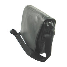 Load image into Gallery viewer, Side view of the black messenger bag with the shoulder strap on the front.