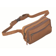 Load image into Gallery viewer, Angled view of the tan leather camera waist pack. The hip strap is extended back.