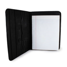 Load image into Gallery viewer, Front view of the opened black leather letter pad with a notepad inside.