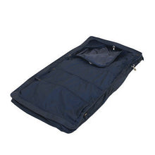 Load image into Gallery viewer, The black leather garment bag extended on a white background.