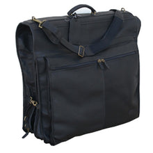 Load image into Gallery viewer, Dorado Colombian Leather Garment Bag - Black
Image of Front Angled View folded in half. Showing center leather handle, matching leather shoulder strap and front zippered pocket
Dimensions: 44"(L) x 23"(W) x 3.5"(D)