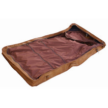 Load image into Gallery viewer, Dorado Colombian Leather Garment Bag - Tan
Image of durable nylon interior with bag partially unzipped to show Wally-Clamp. Designed to hold standard hangers. Also showing zippered accessory pockets on nylon interior.
Dimensions: 44"(L) x 23"(W) x 3.5"(D)