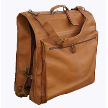 Load image into Gallery viewer, Dorado Colombian Leather Garment Bag - Tan
Image of Front Angled View folded in half. Showing leather handle and matching leather adjustable shoulder strap. Also showing front zippered accessory pocket
Dimensions: 44"(L) x 23"(W) x 3.5"(D)