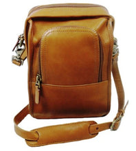 Load image into Gallery viewer, Dorado Leather Gadget Travel Bag - Tan
Image of Front Angled View, showing from U-Shaped Organizer Pocket and matching leather adjustable shoulder strap.
DIMENSIONS: 7 X 10 X 3.5"