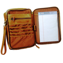 Load image into Gallery viewer, Dorado Leather Gadget Travel Bag - Tan
Image of zip-around back panel organizer pocket with eight card slots, once zippered accessory pocket, junior pad holder, and leather pen loop
DIMENSIONS: 7 X 10 X 3.5"