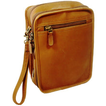 Load image into Gallery viewer, Dorado Leather Gadget Travel Bag - Tan
Image of Back Angled View showing zippered back panel pocket.
DIMENSIONS: 7 X 10 X 3.5"