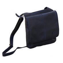 Load image into Gallery viewer, Angled front view of the black leather crossbody bag.