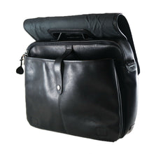 Load image into Gallery viewer, Angled front panel view of the black briefcase with the top flap folded back.