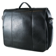 Load image into Gallery viewer, Angled front panel view of the black leather briefcase with the shoulder strap detached.