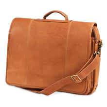 Load image into Gallery viewer, Angled front view of the tan leather briefcase. The adjustable shoulder strap is placed across the front.
