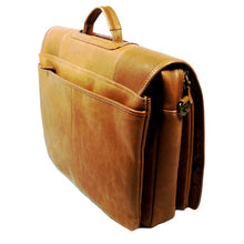 Load image into Gallery viewer, Angled back panel view of the tan leather briefcase.