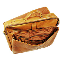Load image into Gallery viewer, Angled top panel view of the tan leather briefcase with the front compartment opened. It features organization pockets.