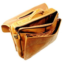 Load image into Gallery viewer, Angled view of the tan leather briefase with the compartments unzipped.