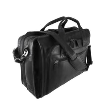 Load image into Gallery viewer, Angled front view of the black leather briefcase with the shoulder strap attached and laid across.