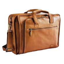 Load image into Gallery viewer, Dorado Leather Expandable Fan-File Brief - Tan
Image of Front Angled View, showing large U-Shaped Front Organizer Pocket, as well as smaller zippered pocket for quick access to airline ticket, passport, etc.
Dimensions:  17" X 12" X 5" (Expands to 7")