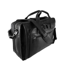 Load image into Gallery viewer, Dorado Leather Expandable Fan-File Brief - Black
Image of Front Angled View, showing large U-Shaped Front Organizer Pocket, as well as smaller zippered pocket for quick access to airline ticket, passport, etc. Also showing matching leather adjustable shoulder strap
Dimensions:  17" X 12" X 5" (Expands to 7")
