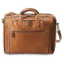 Load image into Gallery viewer, Dorado Leather Expandable Fan-File Brief - Tan
Image of Front Panel View, showing matching leather adjustable shoulder strap, large u-shaped zippered organizer pocket, and one small zip pocket for quick access to ticket and passport.
 
Dimensions:  17" X 12" X 5" (Expands to 7")