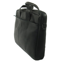 Load image into Gallery viewer, Angled side panel view of the black leather briefcase.