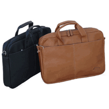Load image into Gallery viewer, Angled views of a black leather portfolio behind a tan one on a white background.