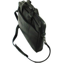 Load image into Gallery viewer, Dorado Leather Slim Leather Portfolio - Black
Image of Angled Front Panel View showing front zippered pocket and matching leather shoulder strap.
DIMENSIONS:  16 X 12 X 2.75"