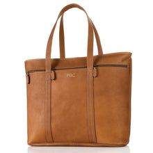 Load image into Gallery viewer, Angled view of the tan leather brief/tote bag.