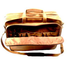 Load image into Gallery viewer, Angled front view of the tan leather briefcase. The front pocket is unzipped.