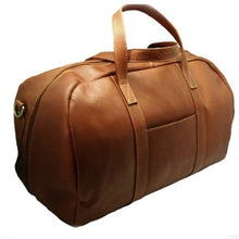 Load image into Gallery viewer, Angled front view of the tan leather duffle bag.