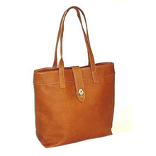 Load image into Gallery viewer, DayTrekr Slim Leather Shopping Tote - Tan
Image of Angled Front Panel View
Dimensions: 14.5"w x 15.5"h x 5.5"d