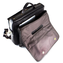 Load image into Gallery viewer, Angled top view of the brown leather messenger bag with the flap closure tilted back. A tablet is tucked in the back panel compartment.