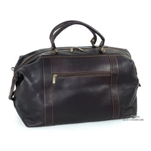 Load image into Gallery viewer, DayTrekr Weekender Satchel - Brown
Image of Back Panel View, showing zippered accessory pocket with antique brass zipper puller.
Dimensions:  19"W x 12"H x 9.75"D