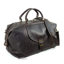 Load image into Gallery viewer, DayTrekr Weekender Satchel - Brown
Image of Front Angled View.  Also showing matching leather adjustable shoulder strap.
Dimensions:  19"W x 12"H x 9.75"D