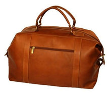Load image into Gallery viewer, DayTrekr Weekender Satchel - Tan
Image of Back Panel View with Zippered Accessory Pocket with Antique Brass Hardware and Zipper Puller.
Dimensions:  19"W x 12"H x 9.75"D