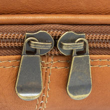 Load image into Gallery viewer, DayTrekr Leather Drop Bottom Shave Kit in Brown Tan - Zipper Close Up