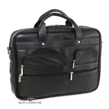 Load image into Gallery viewer, Angled front view of the black leather briefcase with four zipper-closing pockets.