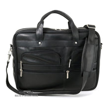 Load image into Gallery viewer, Front view of the black leather briefcase with the shoulders trap resting in front.