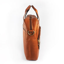 Load image into Gallery viewer, Side panel view o the tan leather briefcase with the grab handles pulled up.