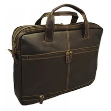 Load image into Gallery viewer, DayTrekr Leather 2-Section Laptop Brief - Brown
Image of Back Panel Angled View.  Featuring attachment feature, which allows this brief to ride-along the telescoping handles for your carry-on trolley bag.
Dimensions:  15 x 12 x 3.5"